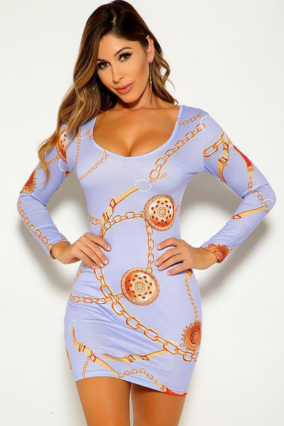 Light Purple Graphic Print Long Sleeve Dress - AMIClubwear