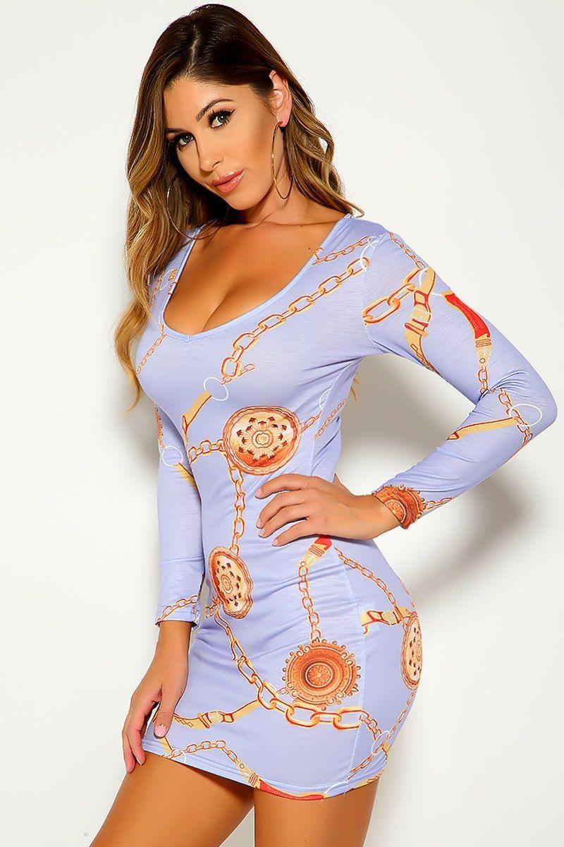 Light Purple Graphic Print Long Sleeve Dress - AMIClubwear