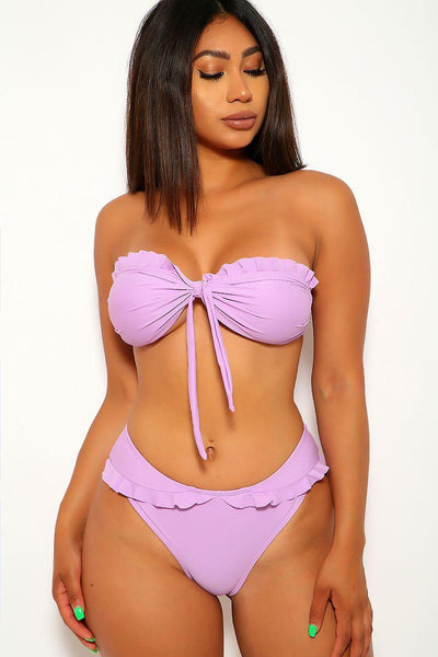 Lilac Ruffle Bandeau High Waist Two Piece Swimsuit - AMIClubwear