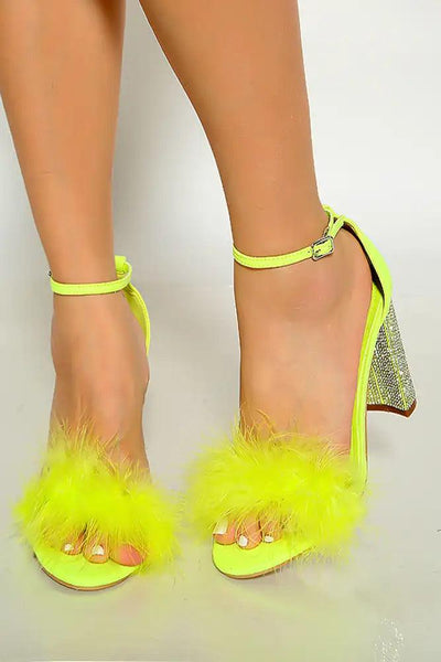 Lime Ankle Strap Faux Feather Rhinestone Chunky High Heels - AMIClubwear