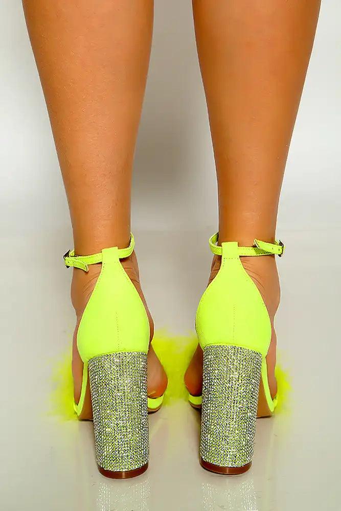 Lime Ankle Strap Faux Feather Rhinestone Chunky High Heels - AMIClubwear