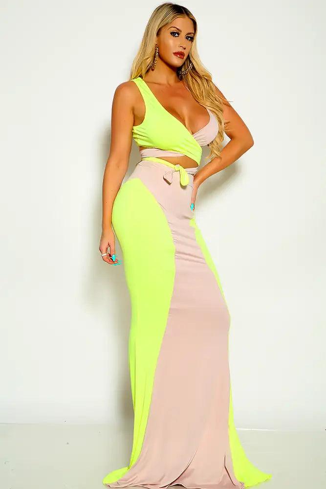 Lime Beige Sleeveless Cross Straps Wrap Around Maxi Dress - AMIClubwear