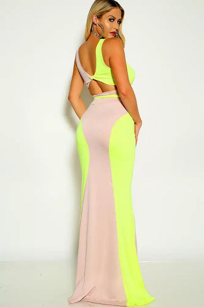 Lime Beige Sleeveless Cross Straps Wrap Around Maxi Dress - AMIClubwear