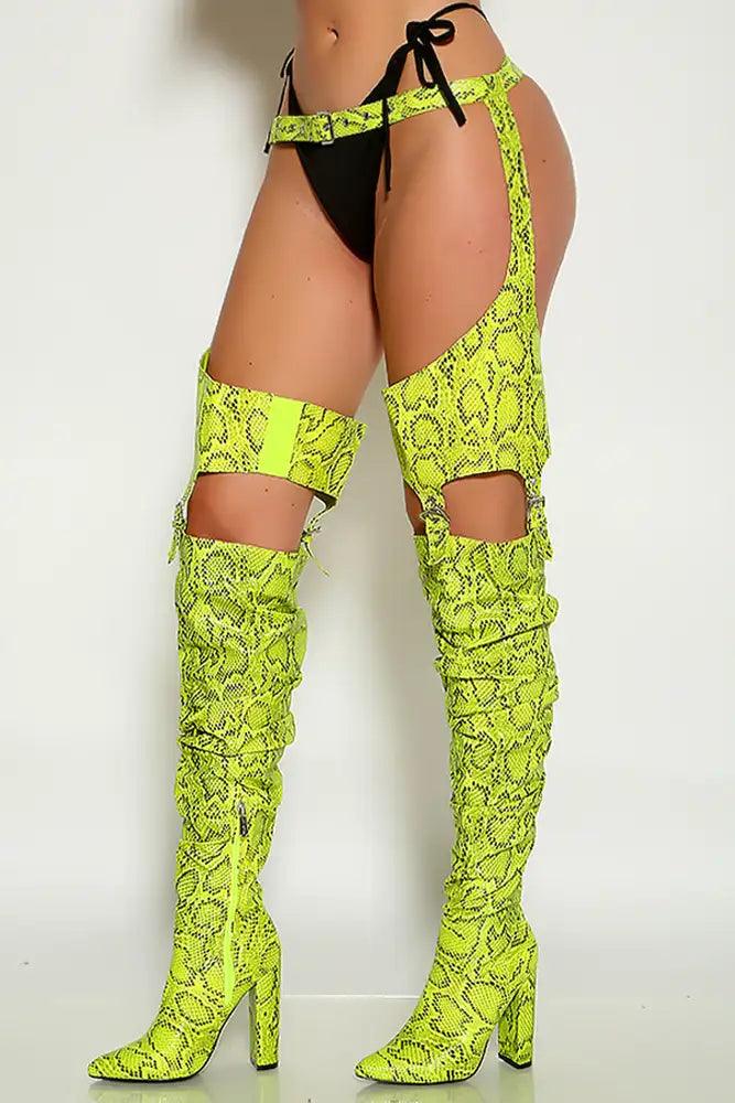 Lime Belted Thigh High Heel Chap Chunky Boots - AMIClubwear