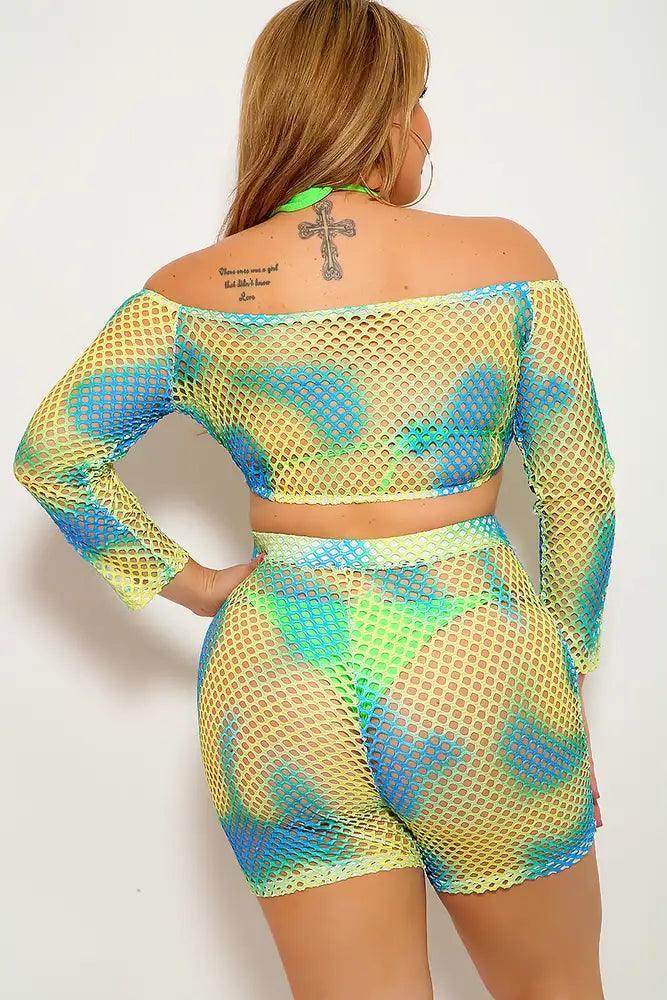 Lime Blue Plus Size Netted Two Piece Outfit - AMIClubwear