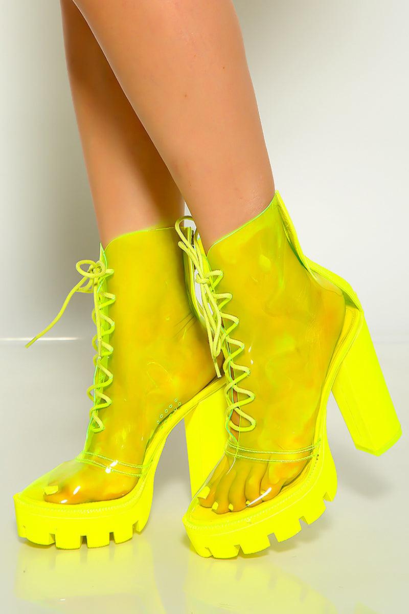 Lime Clear Lace Up Chunky Platform Heels - AMIClubwear