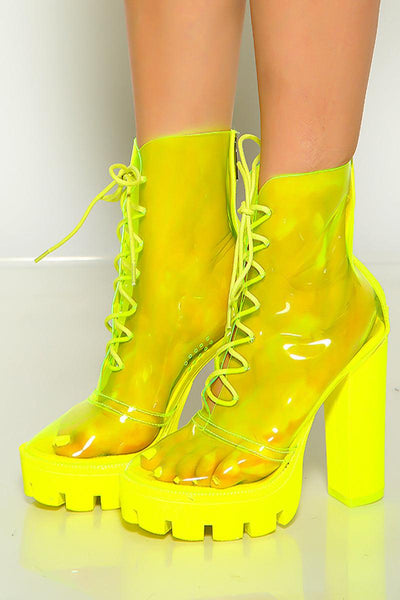 Lime Clear Lace Up Chunky Platform Heels - AMIClubwear