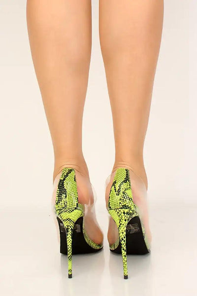 Lime Clear Snake Print High Heels - AMIClubwear