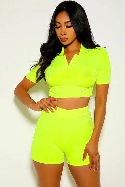 Lime Collared Short sleeve Two Piece Outfit - AMIClubwear
