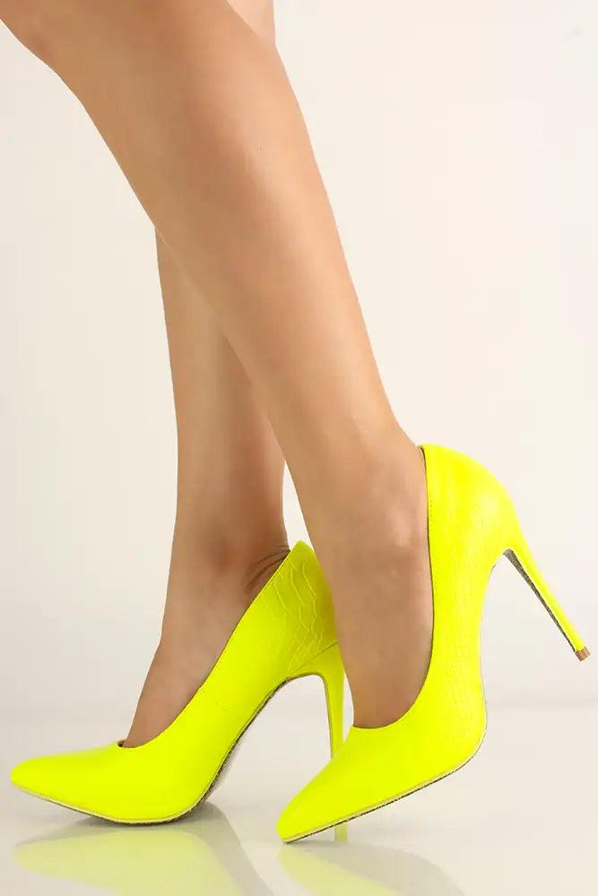 Lime Croc Material Pointy Toe High Heel Pumps - AMIClubwear
