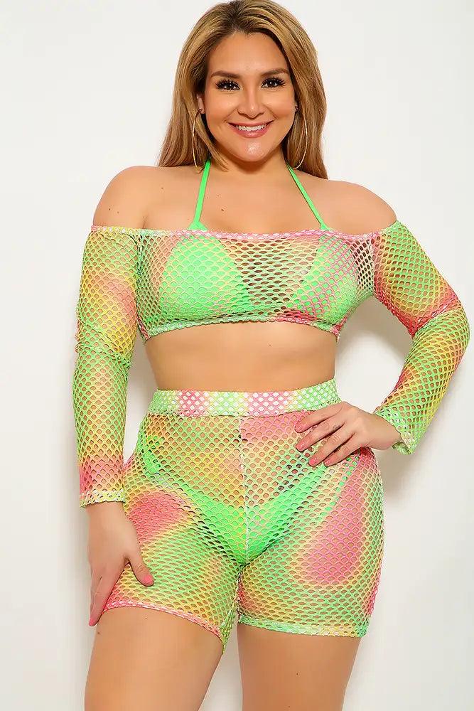 Lime Fuchsia Plus Size Netted Two Piece Outfit - AMIClubwear