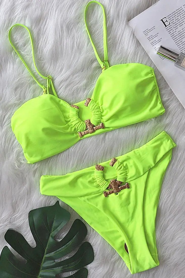 Lime Gold Metal Accent Padded Two Piece Swimsuit