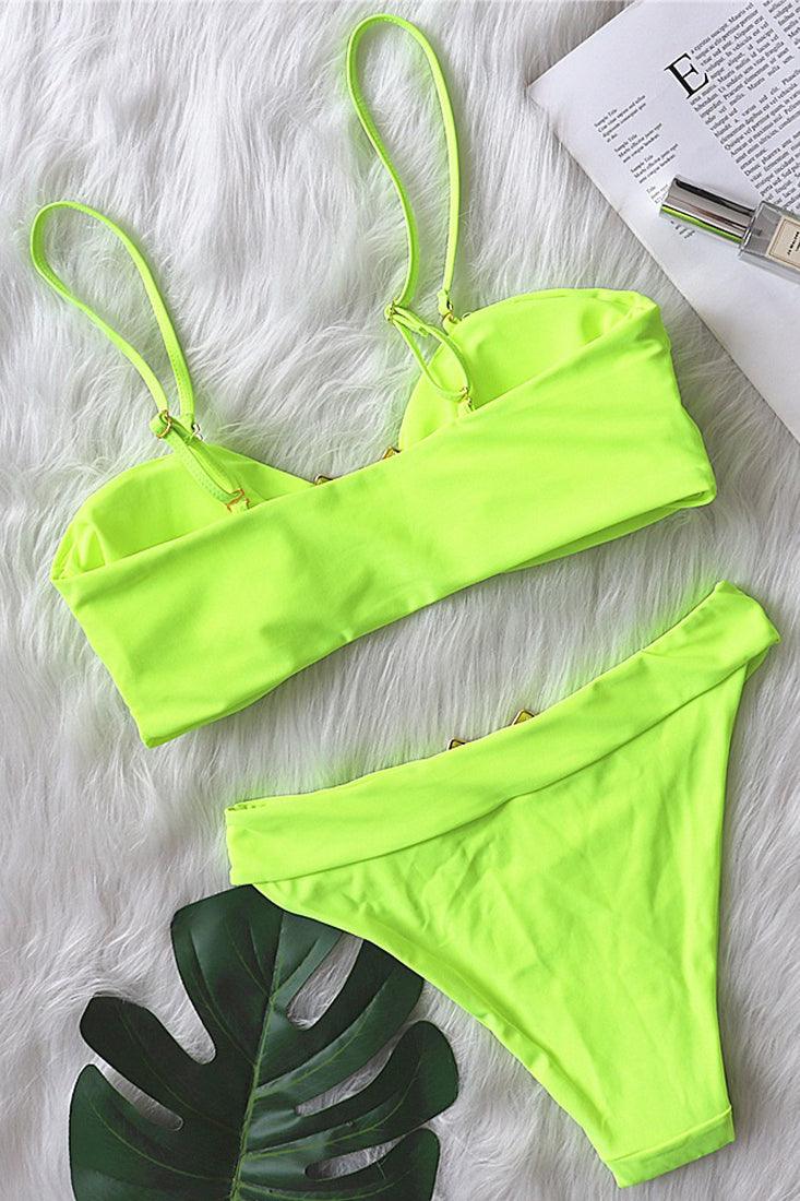 Lime Gold Metal Accent Padded Two Piece Swimsuit - AMIClubwear