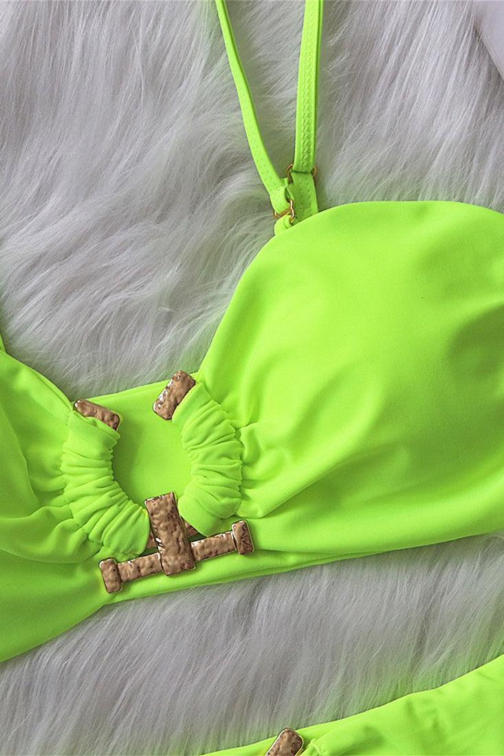Lime Gold Metal Accent Padded Two Piece Swimsuit - AMIClubwear