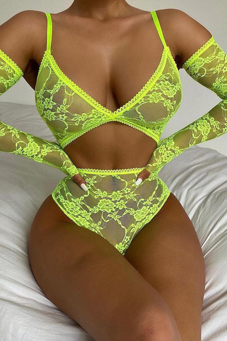 Lime Lace Arm Sleeves High Waist 3 Pc Lingerie Set - AMIClubwear