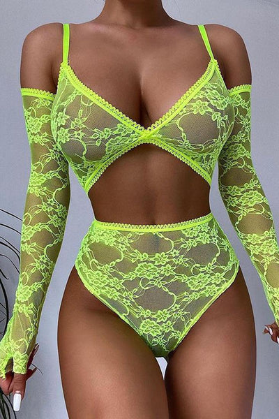 Lime Lace Arm Sleeves High Waist 3 Pc Lingerie Set - AMIClubwear