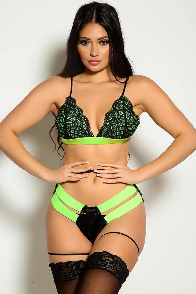 Lime Lace Strappy Two Tone Sexy Two Piece Lingerie - AMIClubwear