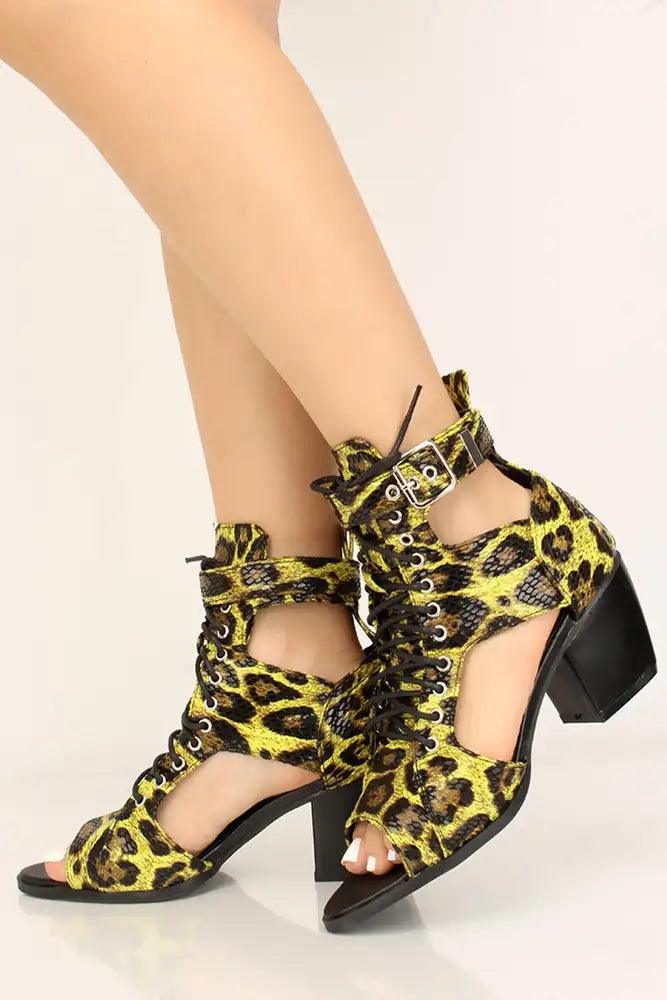 Lime Leopard Print Faux Leather Chunky High Heels - AMIClubwear