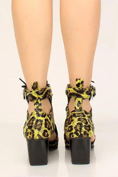 Lime Leopard Print Faux Leather Chunky High Heels - AMIClubwear