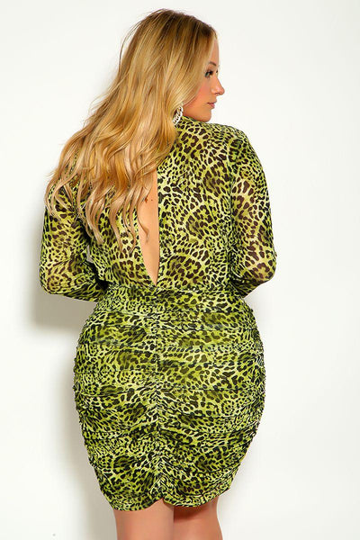 Lime Leopard Print long Sleeve Knotted Detail Ruched Plus Size Dress - AMIClubwear