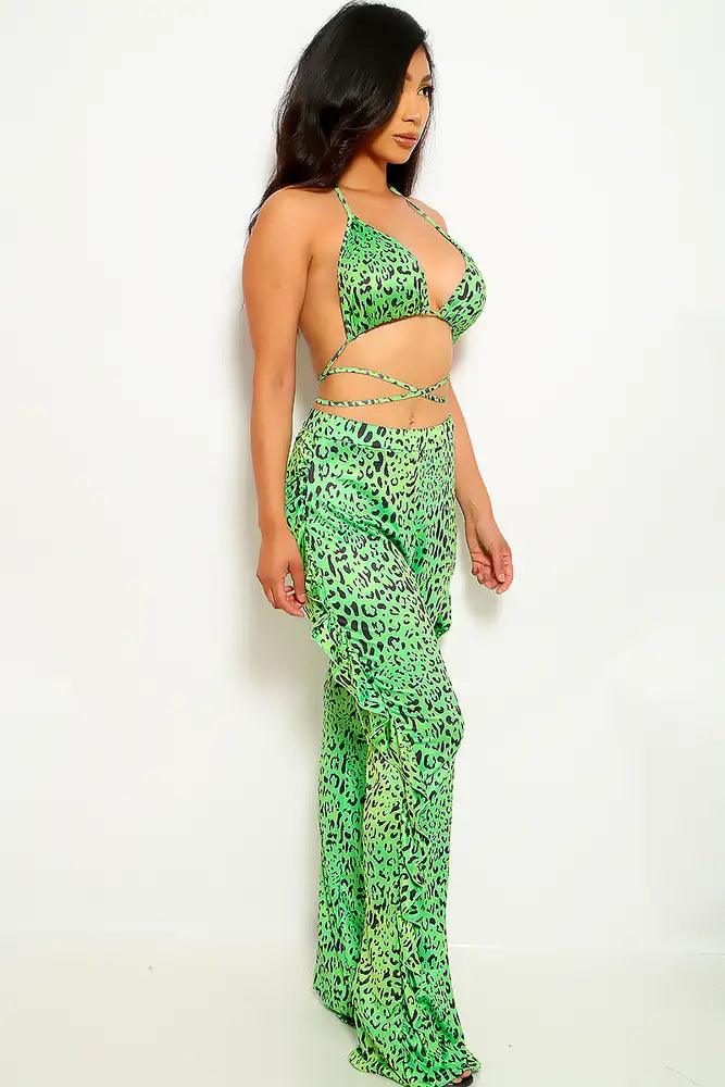 Lime Leopard Print Ruffled Two Piece Outfit - AMIClubwear