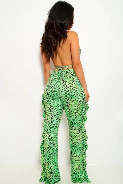 Lime Leopard Print Ruffled Two Piece Outfit - AMIClubwear