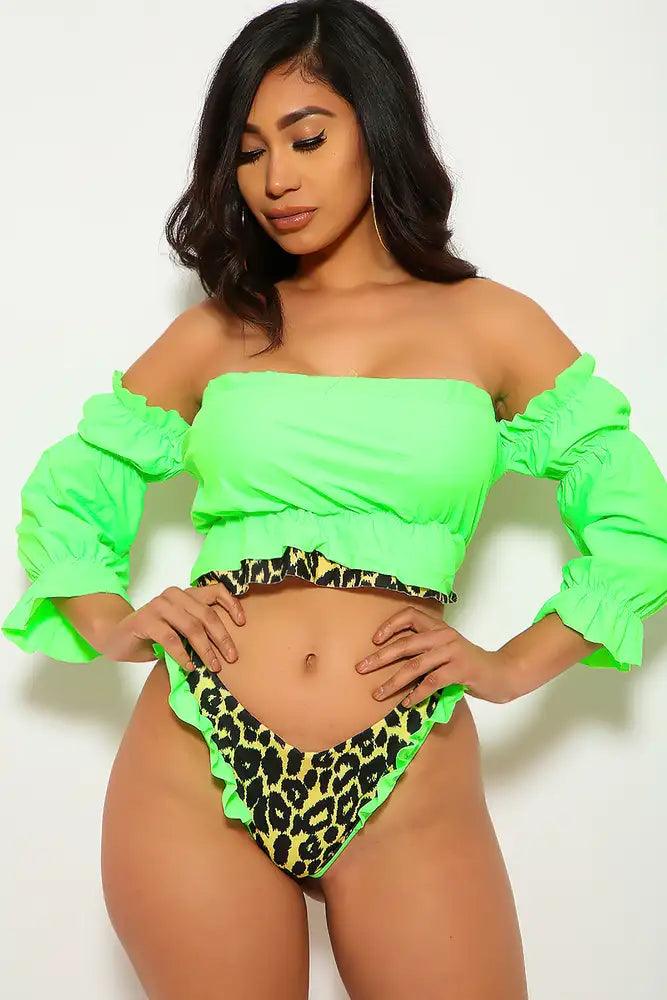 Lime Leopard Print Ruffled Two Piece Swimsuit - AMIClubwear