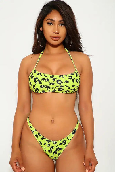 Lime Leopard Three Piece Long Sleeves Swimsuit Set - AMIClubwear