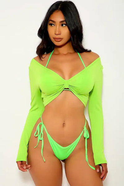 Lime Long Sleeve Cover Up Swimsuit Set - AMIClubwear
