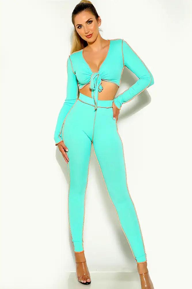 Lime Long Sleeve Front Tie Two Piece Dess - AMIClubwear