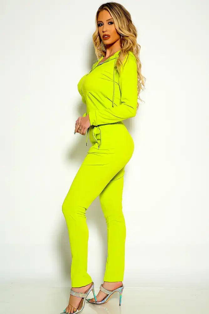 Lime Long Sleeve Front Zipper Two Piece Lounge Wear Outfit - AMIClubwear