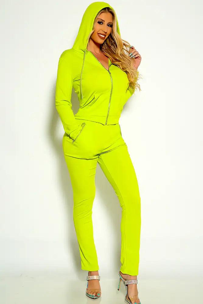 Lime Long Sleeve Front Zipper Two Piece Lounge Wear Outfit - AMIClubwear