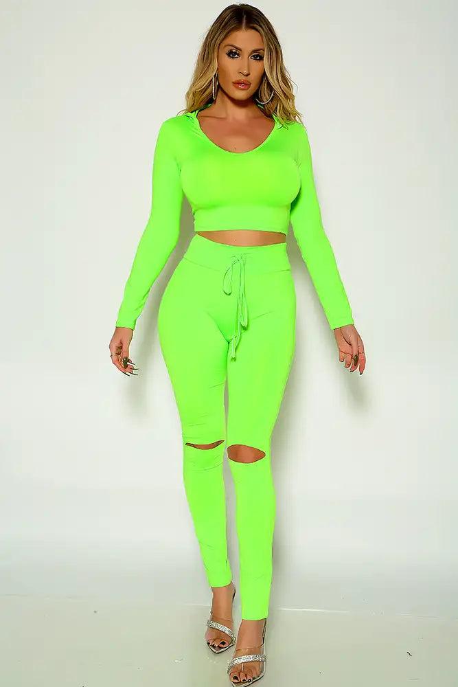 Lime Long Sleeve Hooded Cropped Two Piece Lounge Wear Outfit - AMIClubwear