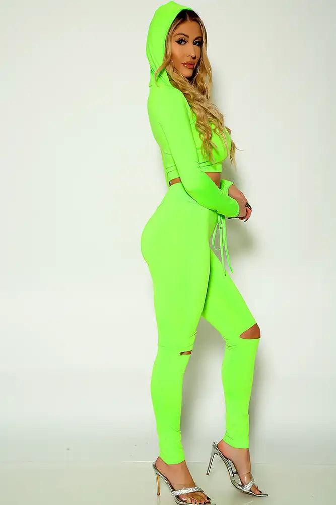 Lime Long Sleeve Hooded Cropped Two Piece Lounge Wear Outfit - AMIClubwear