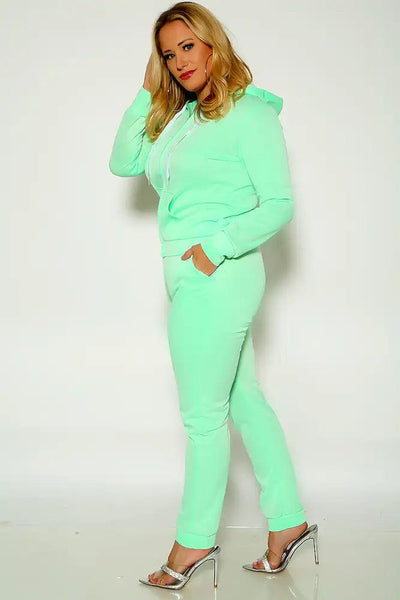 Lime Long Sleeve Hooded Zipper Closure Plus Size Two Piece Outfit - AMIClubwear