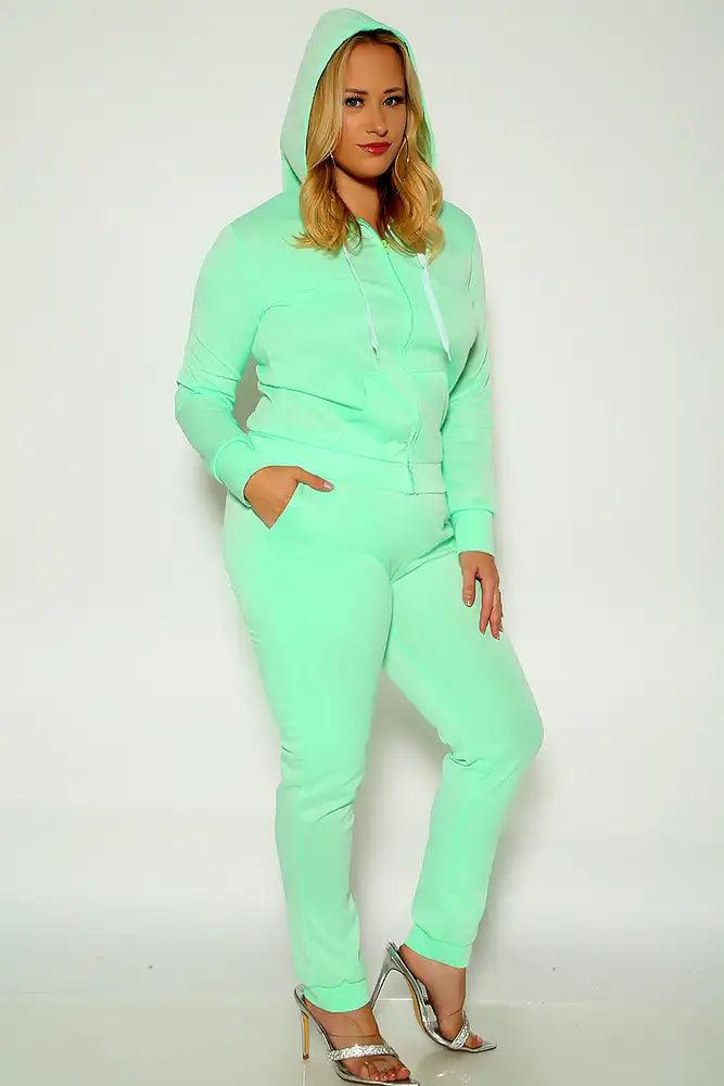 Lime Long Sleeve Hooded Zipper Closure Plus Size Two Piece Outfit - AMIClubwear