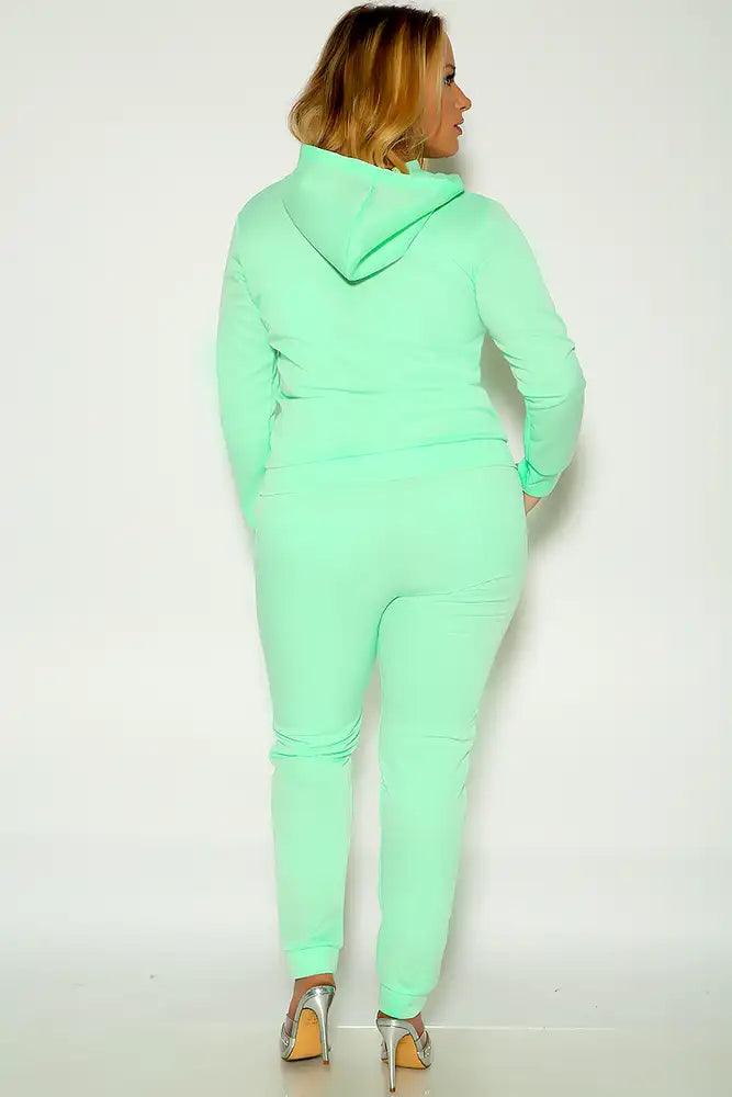 Lime Long Sleeve Hooded Zipper Closure Plus Size Two Piece Outfit - AMIClubwear