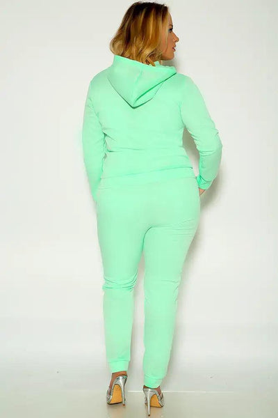 Lime Long Sleeve Hooded Zipper Closure Plus Size Two Piece Outfit - AMIClubwear