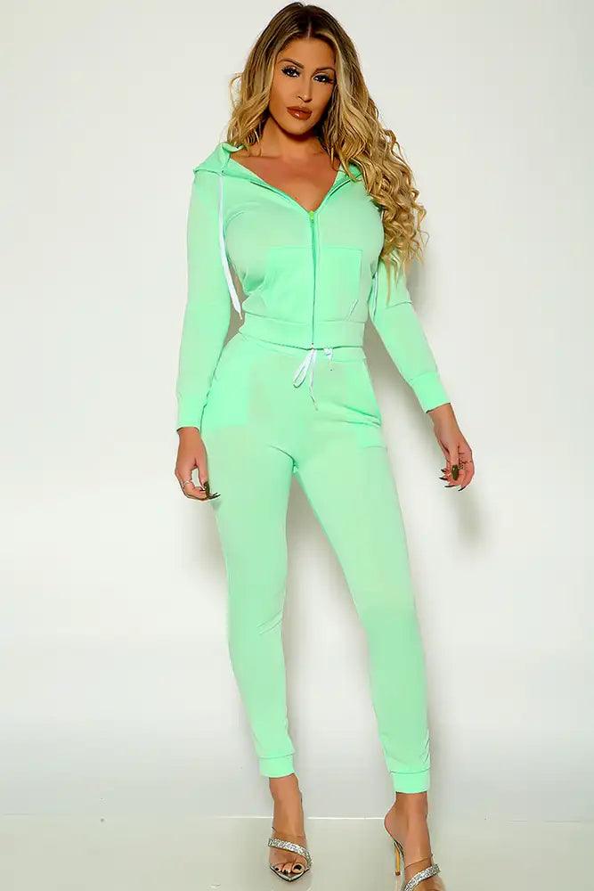 Lime Long Sleeve Hooded Zipper Closure Two Piece Outfit - AMIClubwear