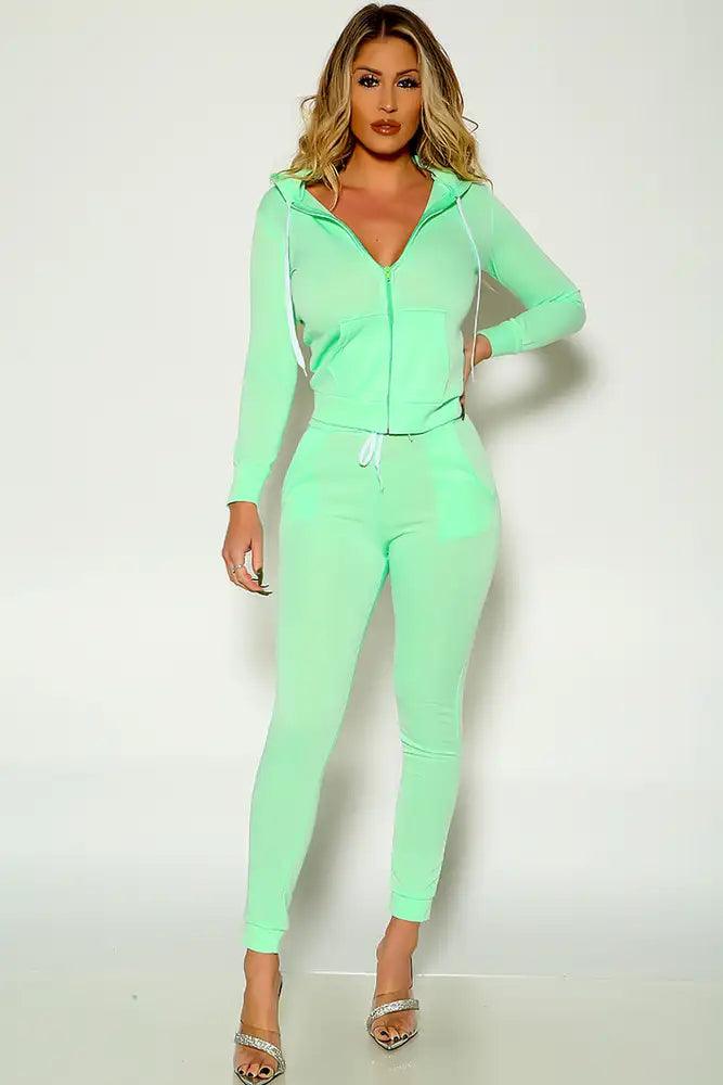 Lime Long Sleeve Hooded Zipper Closure Two Piece Outfit - AMIClubwear