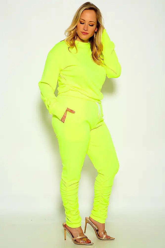 Lime Long Sleeve Ruched Loungewear Plus Size Two Piece Outfit - AMIClubwear