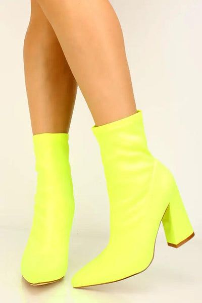 Lime Lycra Knit Pointy Toe Chunky Booties - AMIClubwear
