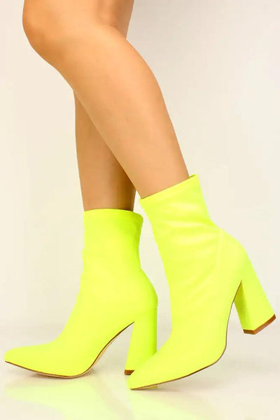 Lime Lycra Knit Pointy Toe Chunky Booties - AMIClubwear