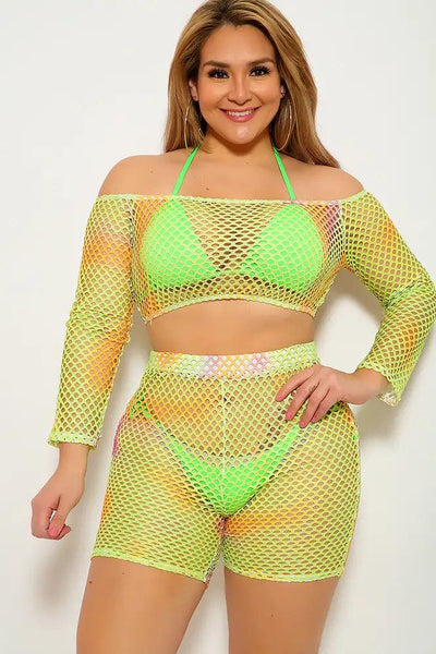 Lime Marigold Plus Size Netted Two Piece Outfit - AMIClubwear