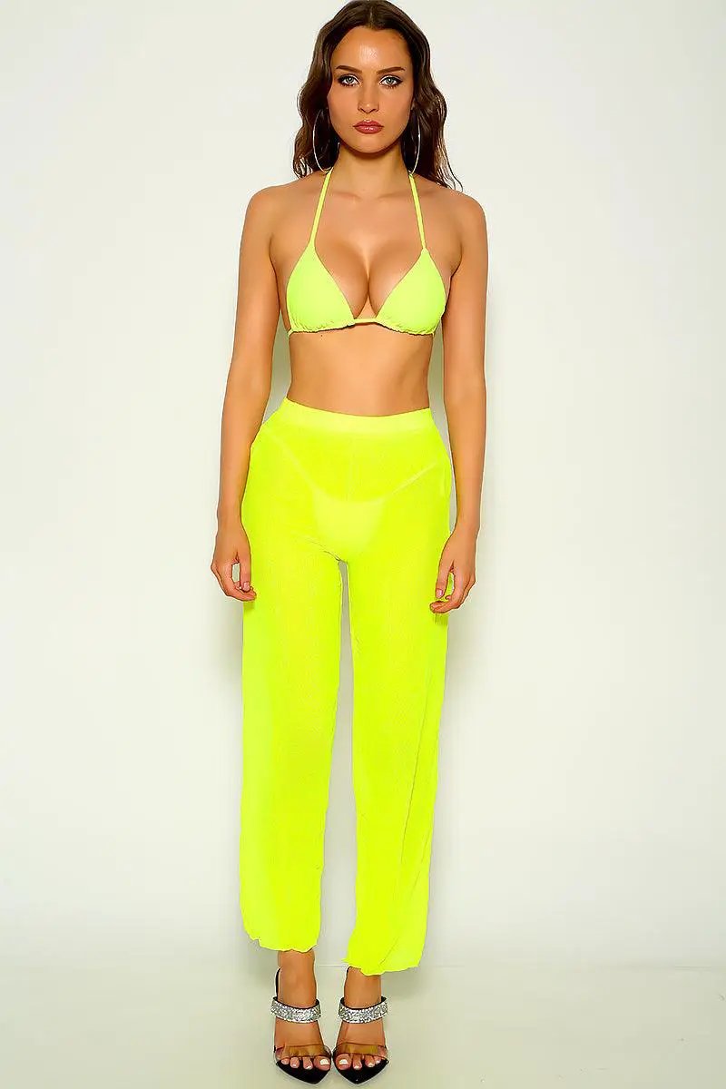 Lime Mesh Halter Sexy Three Piece Swimsuit