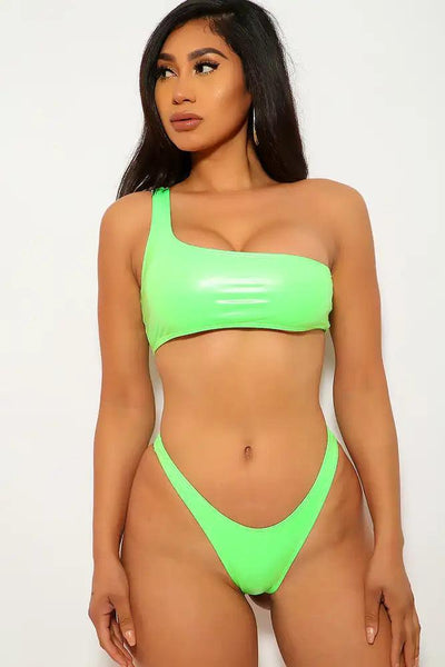 Lime Patent One Shoulder Two Piece Swimsuit - AMIClubwear