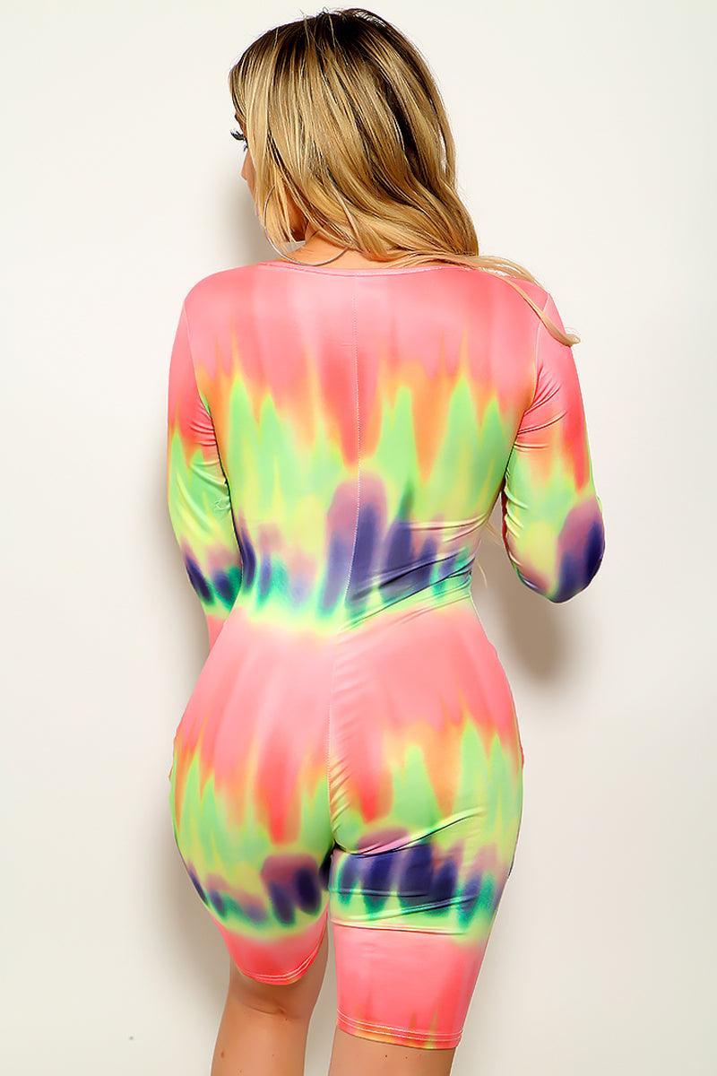 Lime Pink Graphic Print Long Sleeve Romper - AMIClubwear