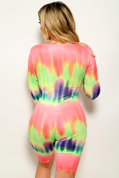 Lime Pink Graphic Print Long Sleeve Romper - AMIClubwear