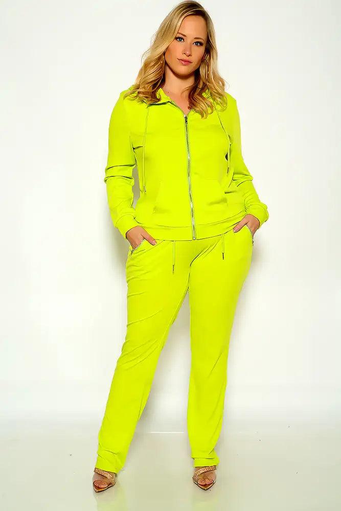 Lime Plus Size Long Sleeve Front Zipper Two Piece Lounge Wear Outfit - AMIClubwear