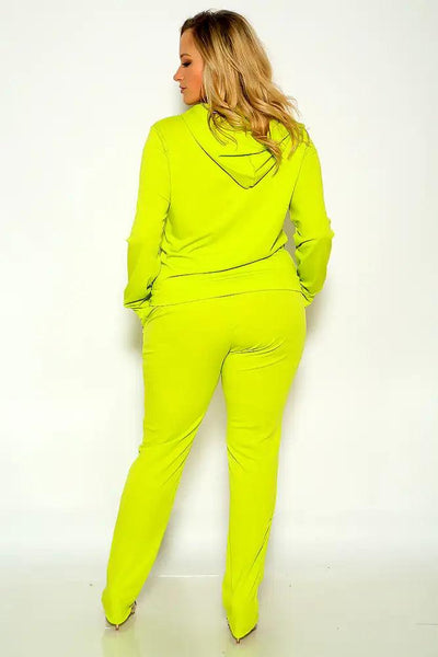 Lime Plus Size Long Sleeve Front Zipper Two Piece Lounge Wear Outfit - AMIClubwear